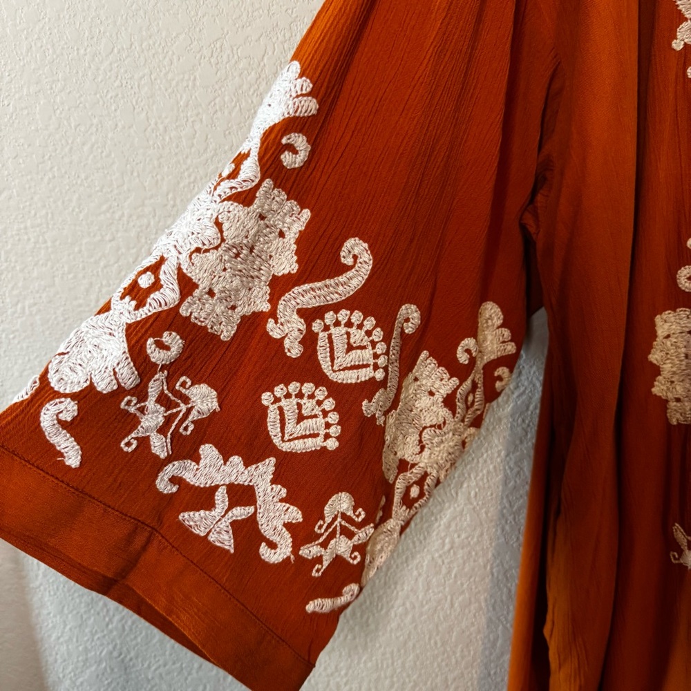 Chico's Embroidered Drama Kimono Top Burnished Clay Size L/XL - Picture 3 of 13